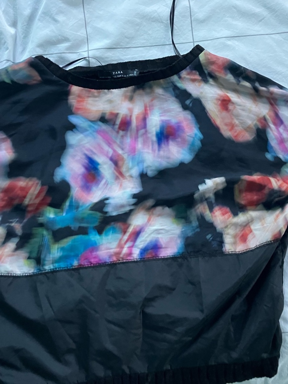 Zara Black Floral Crop Top with Pink, Blue & Purple Accents
